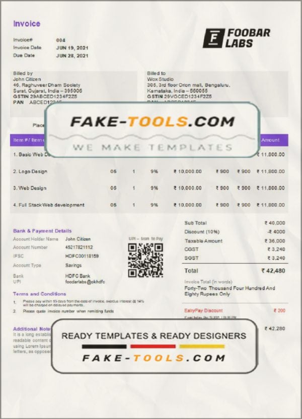 India Foobar Labs Information Technology Company invoice template in Word and PDF format, fully editable, version 2