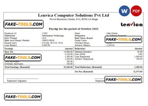 India Lenvica computer solutions company pay stub Word and PDF template
