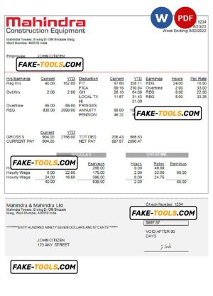 India Mahindra & Mahindra Ltd automotive industry company pay stub Word and PDF template