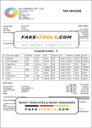 India My Company Pvt Ltd invoice template in Word and PDF format, fully editable