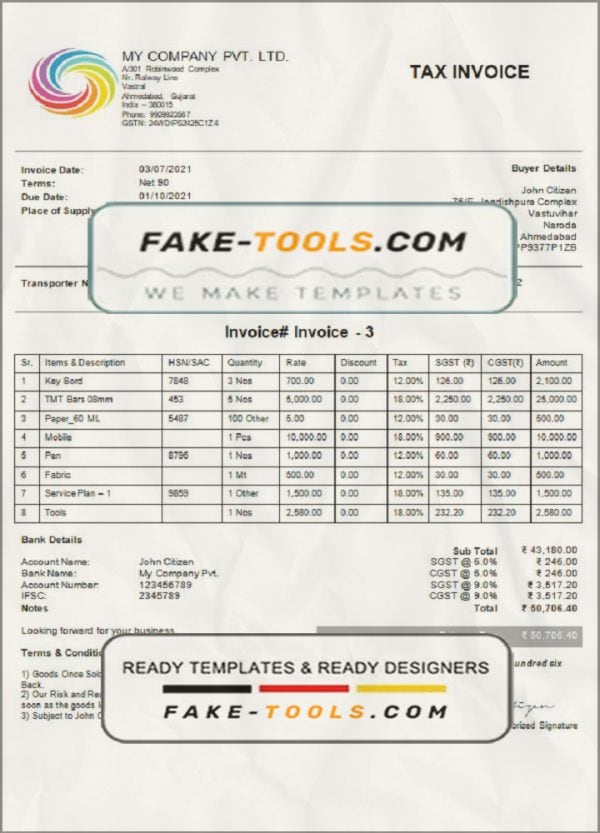 India My Company Pvt Ltd invoice template in Word and PDF format, fully editable