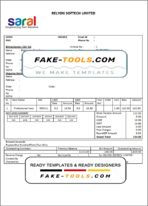 India Saral cooperative altimetry technology mission invoice template in Word and PDF format, fully editable