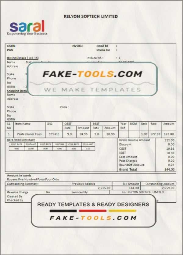 India Saral cooperative altimetry technology mission invoice template in Word and PDF format, fully editable