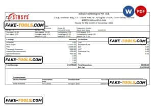 India Sensys technologies Pvt IT technologies pay stub Word and PDF template