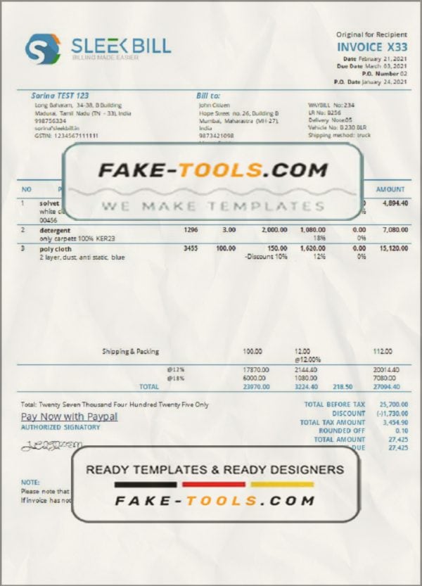 India Sleek Bill invoicing software company invoice template in Word and PDF format, fully editable