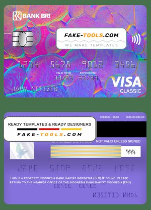 Indonesia bank Rakyat Indonesia (BRI) bank visa classic card, fully editable template in PSD format