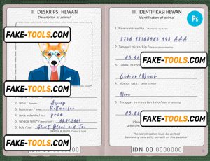 Indonesia dog (animal, pet) passport PSD template, fully editable