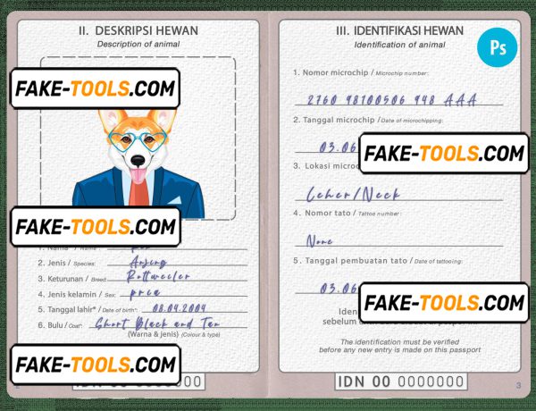 Indonesia dog (animal, pet) passport PSD template, fully editable