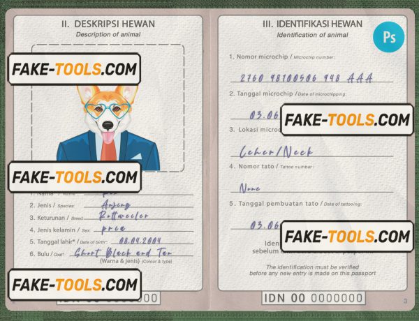 Indonesia dog (animal, pet) passport PSD template, fully editable scan effect