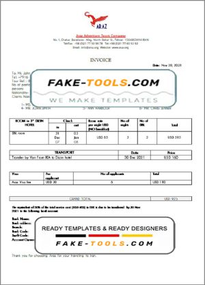 Iran Araz Tours Company invoice template in Word and PDF format, fully editable