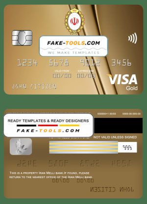 Iran Melli bank visa gold card, fully editable template in PSD format