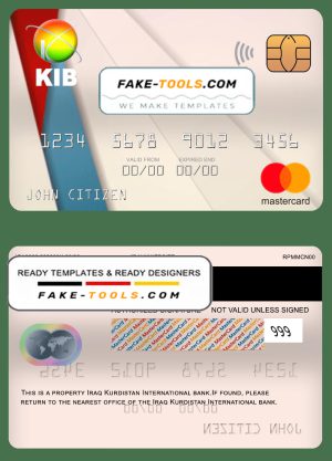 Iraq Kurdistan International bank mastercard, fully editable template in PSD format