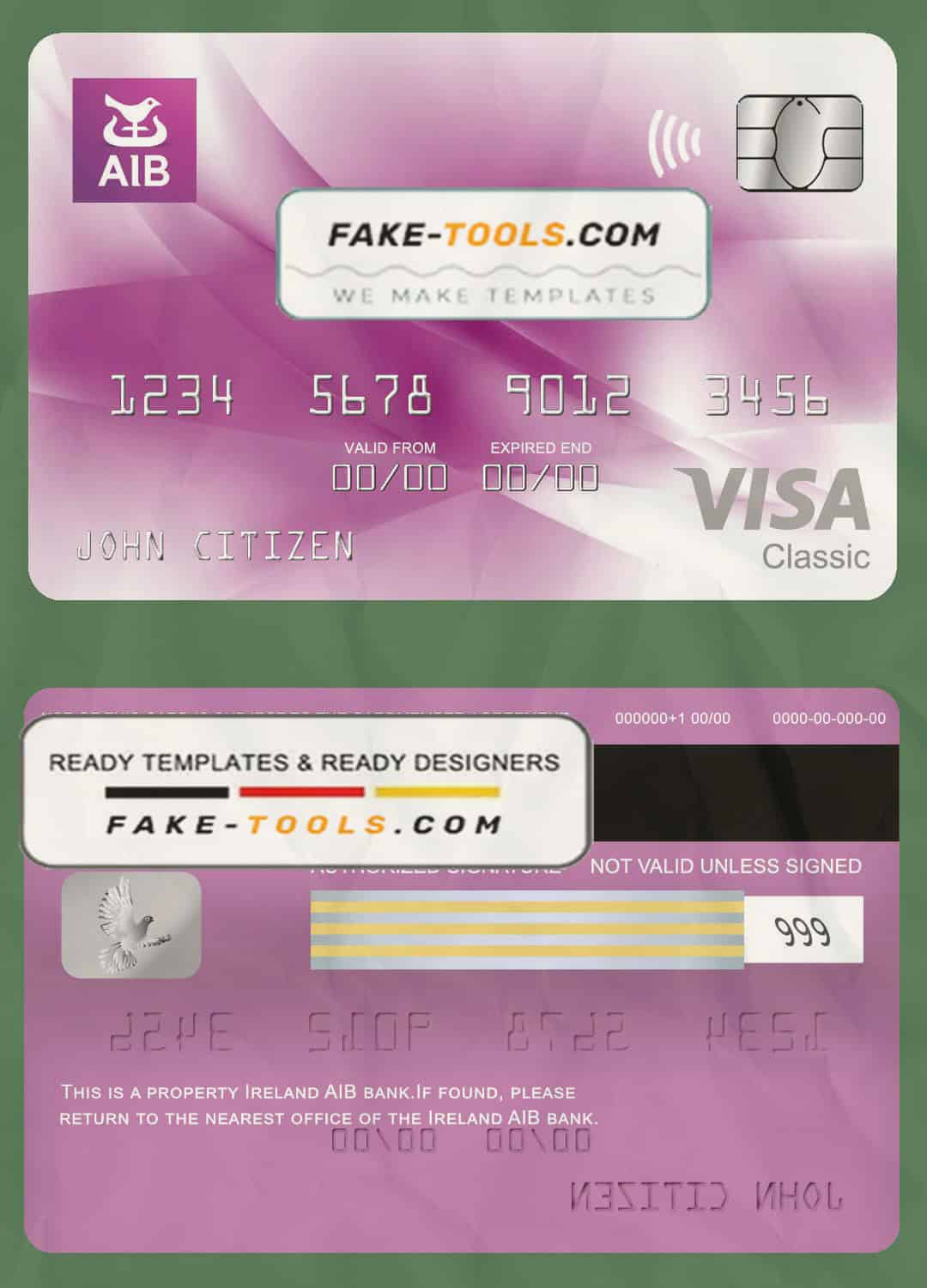 Ireland AIB bank visa classic card, fully editable template in PSD