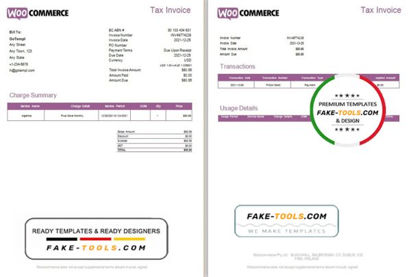 Ireland WooCommerce tax invoice template in .doc and .pdf format, fully editable