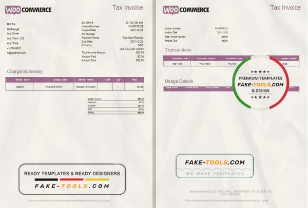 Ireland WooCommerce tax invoice template in .doc and .pdf format, fully editable scan effect