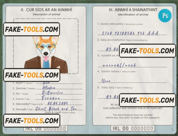 Ireland dog (animal, pet) passport template, fully editable scan effect