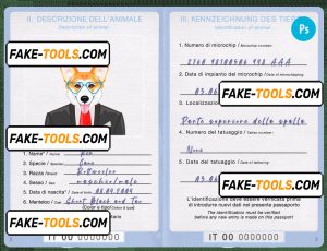 Italy dog (animal, pet) passport PSD template, completely editable