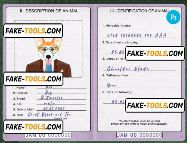 Jamaica dog (animal, pet) passport PSD template, fully editable