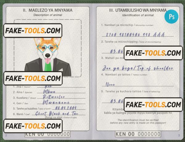 Kenya dog (animal, pet) passport PSD template, completely editable scan effect