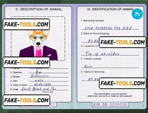 Kiribati dog (animal, pet) passport PSD template, fully editable