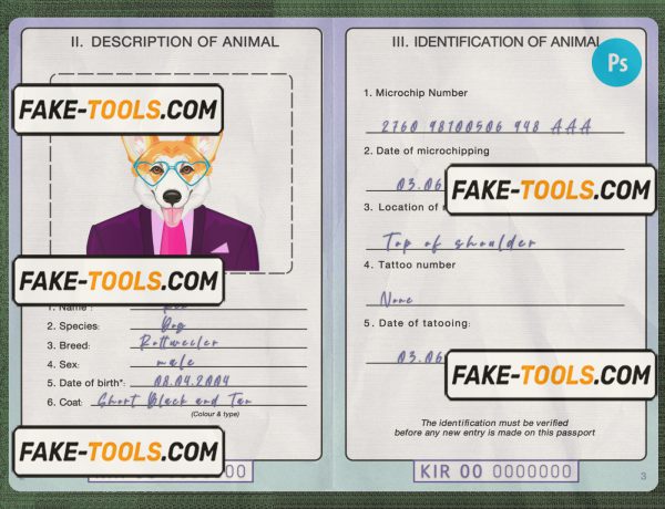 Kiribati dog (animal, pet) passport PSD template, fully editable scan effect
