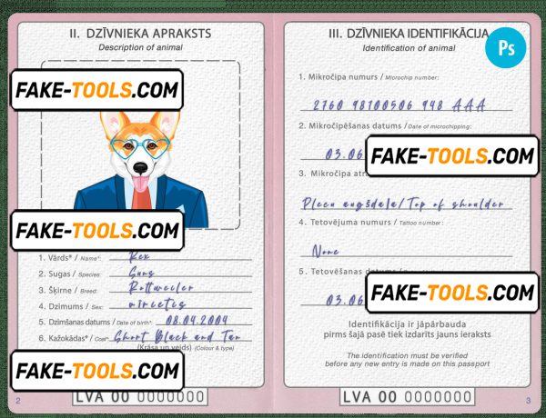 Latvia dog (animal, pet) passport PSD template, fully editable