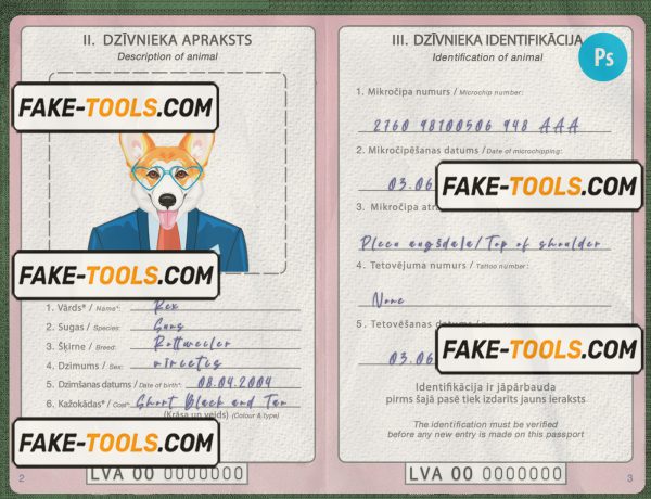 Latvia dog (animal, pet) passport PSD template, fully editable scan effect