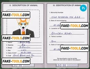 Lesotho dog (animal, pet) passport PSD template, completely editable