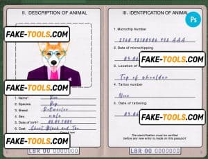 Liberia dog (animal, pet) passport PSD template, fully editable