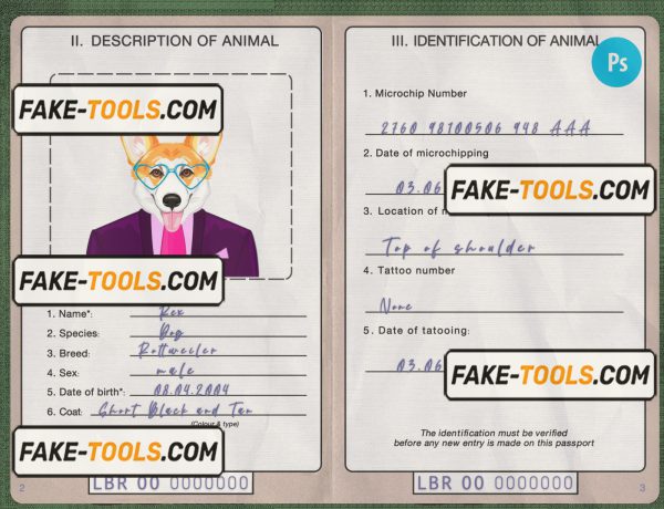 Liberia dog (animal, pet) passport PSD template, fully editable scan effect