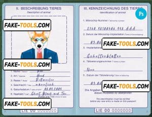 Liechtenstein dog (animal, pet) passport PSD template, fully editable