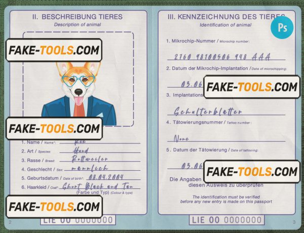 Liechtenstein dog (animal, pet) passport PSD template, fully editable scan effect