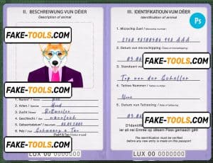 Luxembourg dog (animal, pet) passport PSD template, fully editable