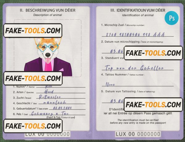Luxembourg dog (animal, pet) passport PSD template, fully editable scan effect