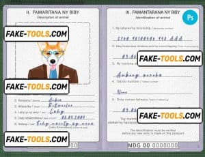 Madagascar dog (animal, pet) passport PSD template, fully editable