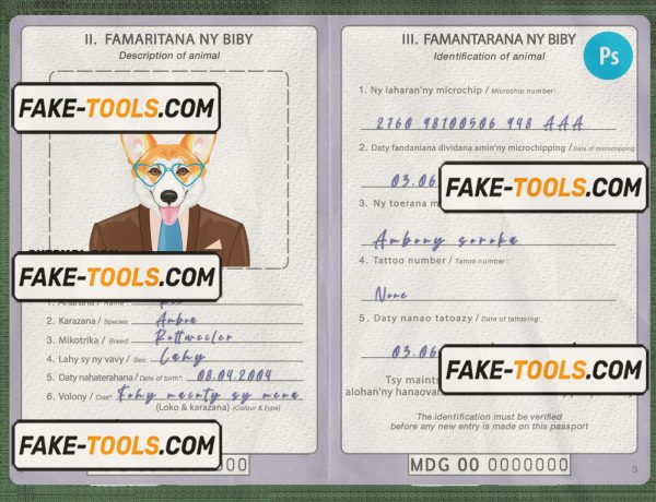 Madagascar dog (animal, pet) passport PSD template, fully editable scan effect