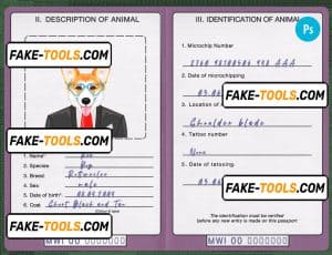 Malawi dog (animal, pet) passport PSD template, completely editable