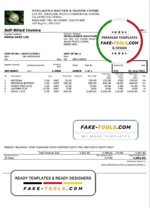 Malaysia Intelligence Solution & Training Centre self-billed invoice in Word and PDF format