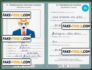 Malaysia dog (animal, pet) passport PSD template, completely editable