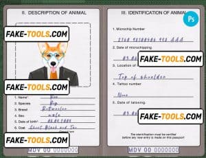 Maldives dog (animal, pet) passport PSD template, fully editable