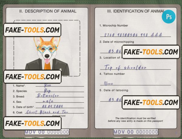 Maldives dog (animal, pet) passport PSD template, fully editable scan effect