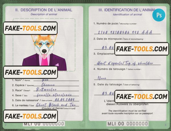 Mali dog (animal, pet) passport PSD template, completely editable scan effect