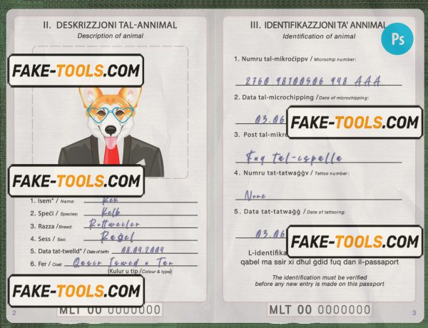 Malta dog (animal, pet) passport PSD template, completely editable scan effect