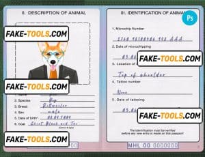 Marshall Islands dog (animal, pet) passport PSD template, fully editable