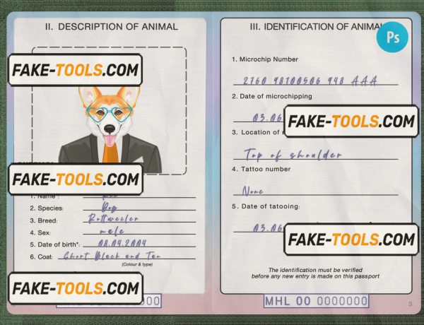 Marshall Islands dog (animal, pet) passport PSD template, fully editable scan effect