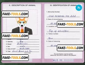 Mauritius dog (animal, pet) passport PSD template, fully editable