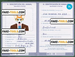 Mexico dog (animal, pet) passport PSD template, completely editable