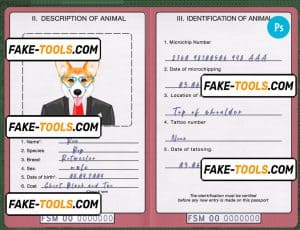 Micronesia dog (animal, pet) passport PSD template, fully editable