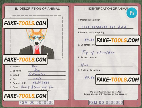 Micronesia dog (animal, pet) passport PSD template, fully editable scan effect