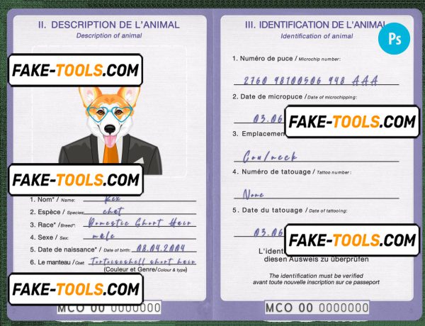 Monaco dog (animal, pet) passport PSD template, fully editable